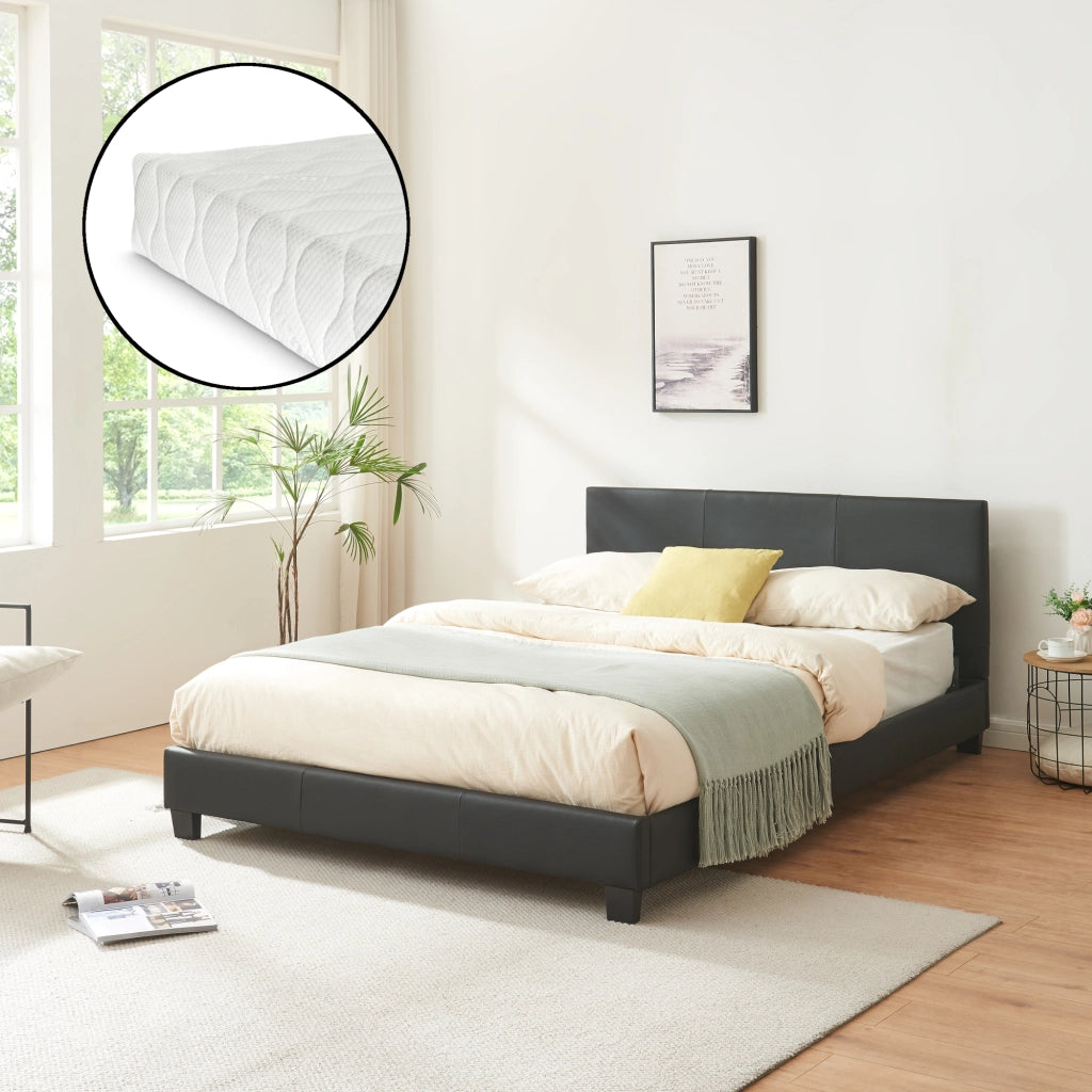 Letto Francese Albacete con Testiera Alta e Materasso 140x200 cm Similpelle Nero Corium