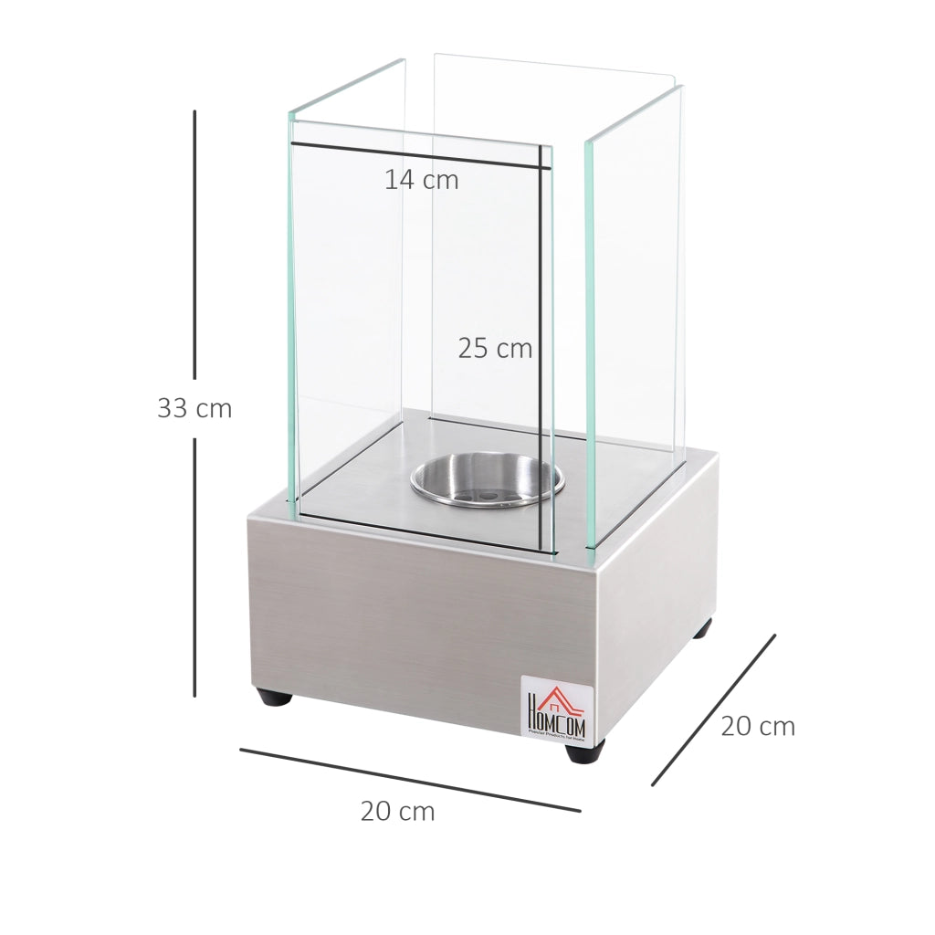 EasyComfort Camino a Bioetanolo da Tavolo con Bruciatore da 0.4L, Biocamino in Acciaio e Vetro per Interni ed Esterni, 20x20x33cm, Argento