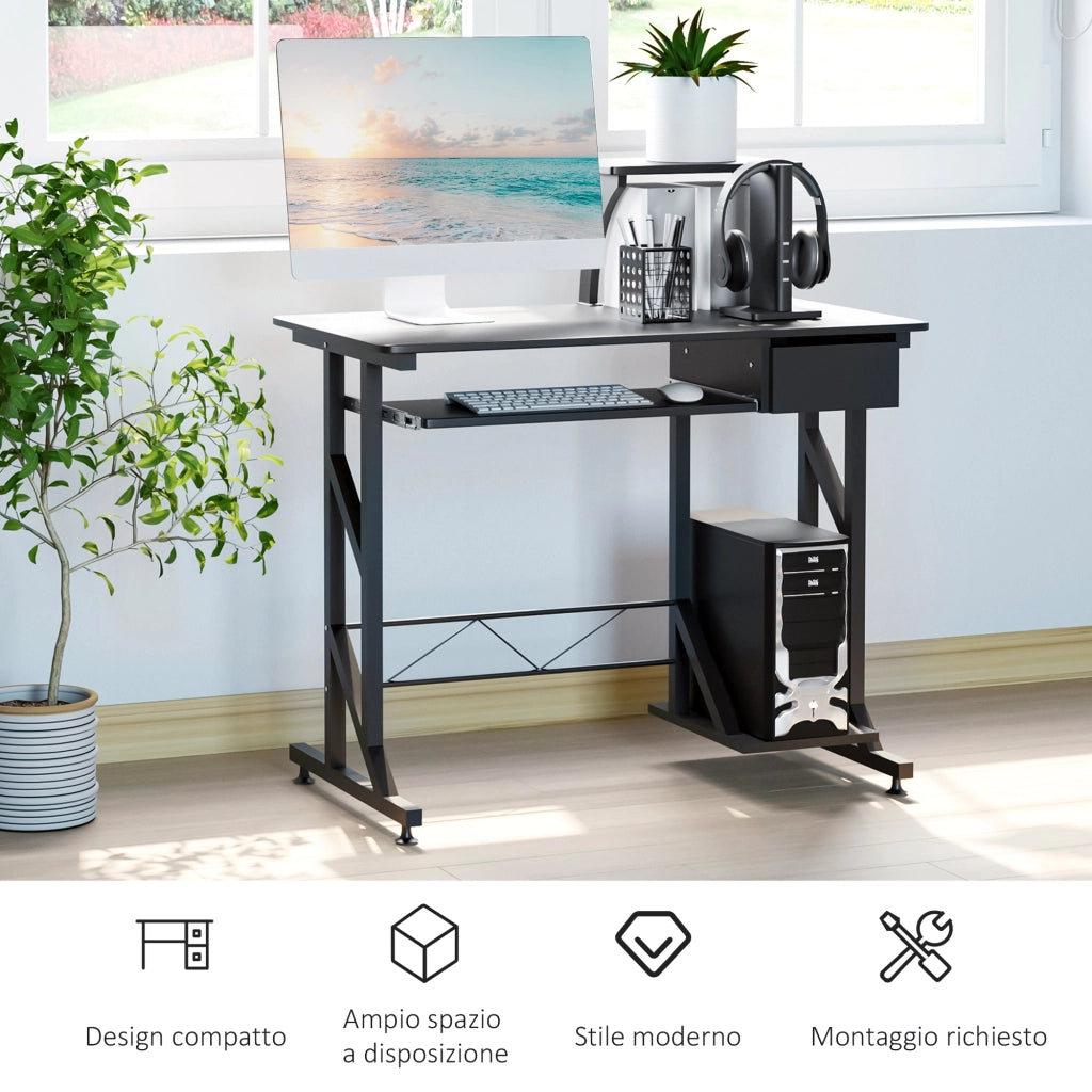 EasyComfort Scrivania per Computer Salvaspazio in Acciaio e Legno, Scrivania da Ufficio con Cassetto, Ripiano Tastiera Estraibile, 90x50x100 cm, Nero