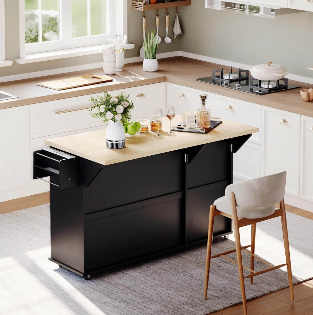 Isola da cucina mobile con piano ribaltabile, naturale e nero
