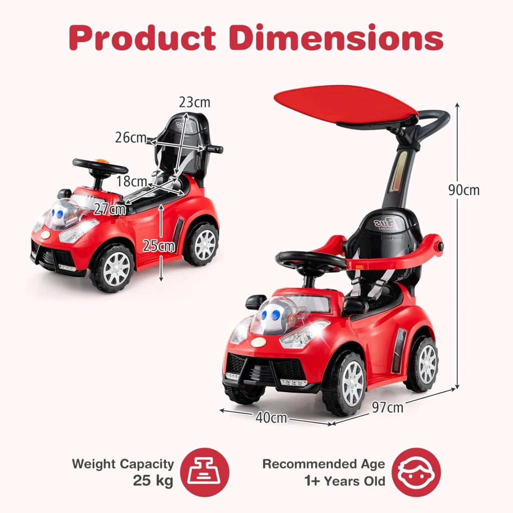 Macchina Cavalcabile per Bambini 1-3 Anni, Cavalcabile Bambino 3 in 1, Carpot & Maniglia Rimovibili, Guida Realistica con Volante, Clacson, Musica, Carico 25 KG, Regalo Ragazza Ragazzo (Rosso)