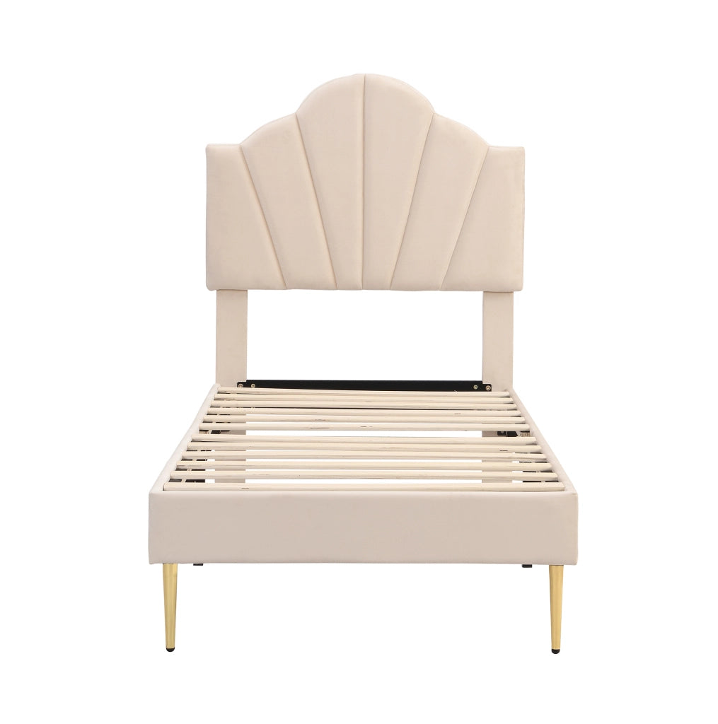 Letto imbottito in velluto beige 90 x 200 cm con testiera regolabile