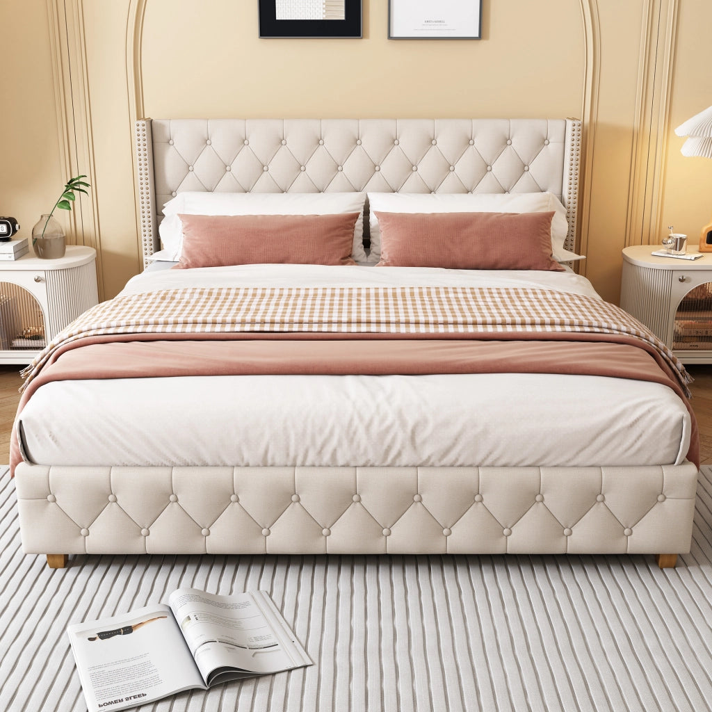 OKWISH Letto Imbottito 140×190 cm, Letto Matrimoniale con Testiera Capitonné, Bottoni e Rivetti, senza Materasso, in Lino, Beige