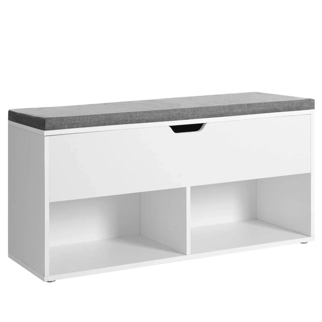 Panca portascarpe con 2 scomparti aperti e 1 scomparto chiuso seduta imbottita per ingresso camera da letto 100 x 30 x 48 cm bianco 12_0004070
