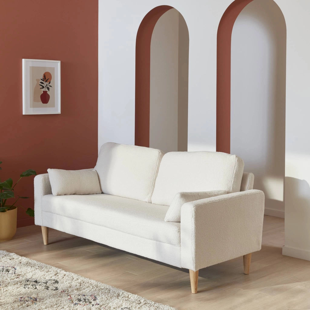 Divano stile scandinavo in legno e bouclé, 3 posti, crema