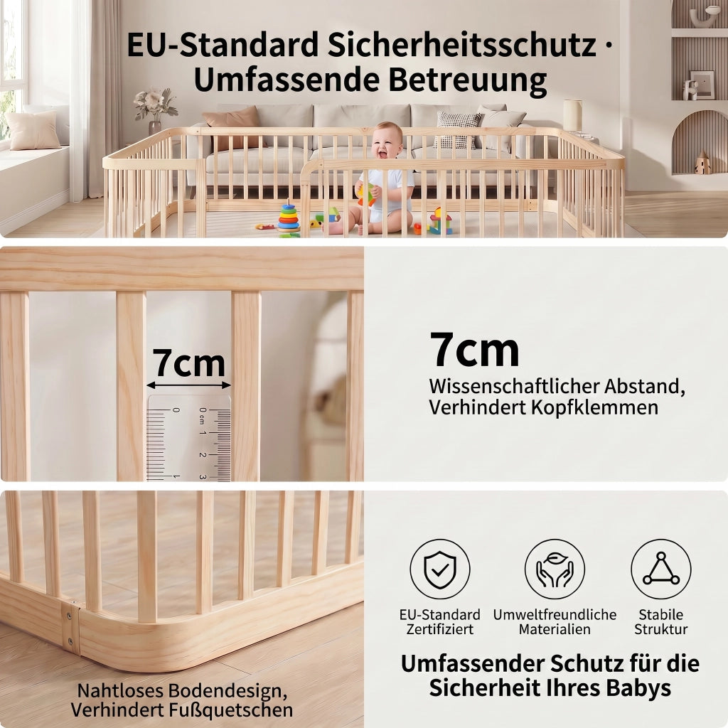 Recinto modulare per bambini 90 × 200 cm, barriere di sicurezza da 7 cm, angoli arrotondati, senza materasso, in legno, naturale