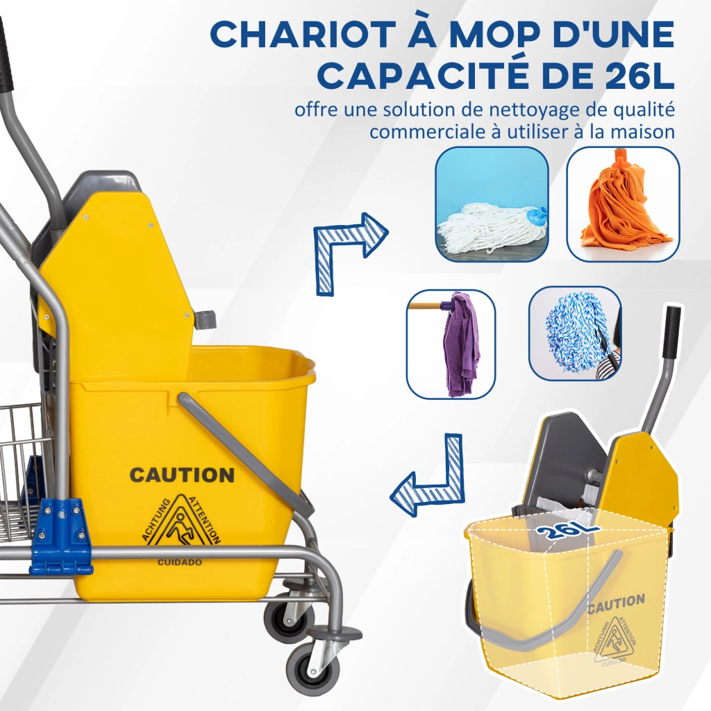 Carrello per pulizia professionale con secchio 26 L e cestino ¨C zephmum ¨C giallo