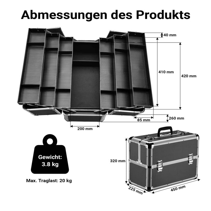 Cassetta attrezzi vuota in alluminio con 2 chiavi, valigetta universale per attrezzi 45 x 32 x 22,5 cm, hobby, lavoro, cassetta portautensili con separatori,