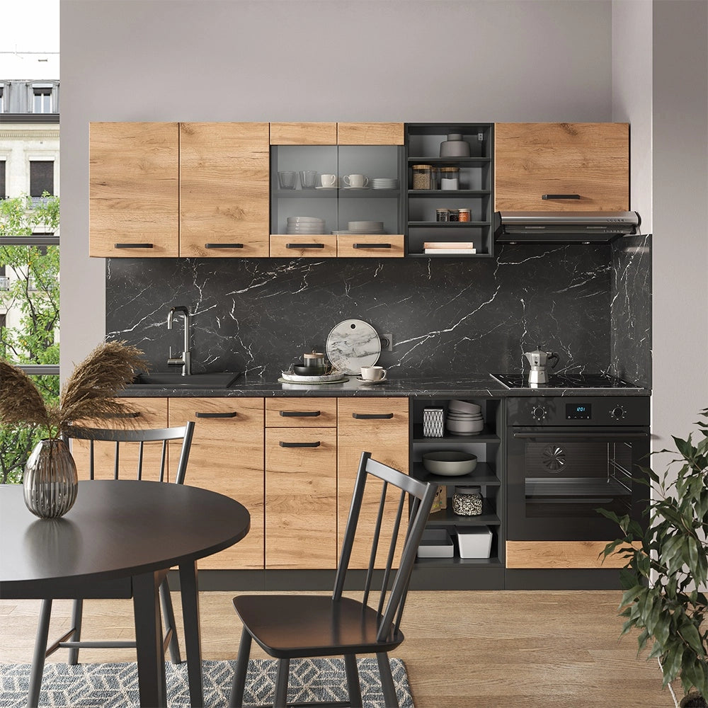 Cucina componibile R-Line Rovere dorato/Antracite 240 cm, PL Marmo Vicco