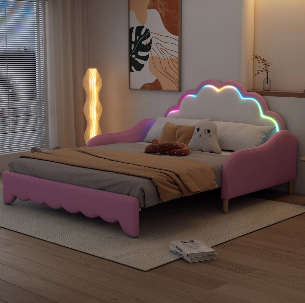 Letto divano 140x200 cm rosa con LED integrato e struttura in PU e MDF
