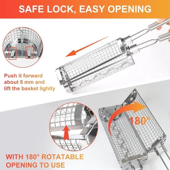 Set di accessori barbecue con apertura laterale e maniglia in acciaio inox per verdure, carne e frutti di mare