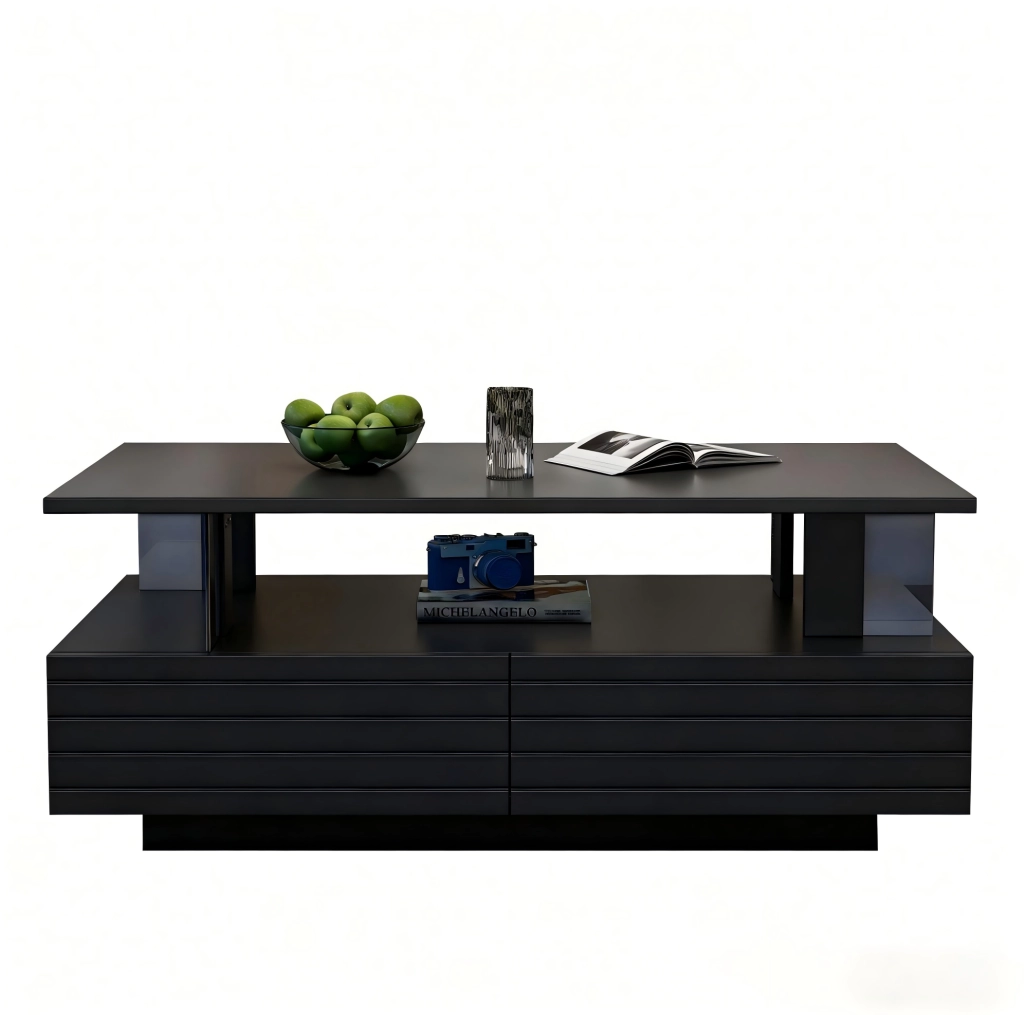 Tavolino da caffè LED nero in acrilico 100×50×42 cm con 2 cassetti