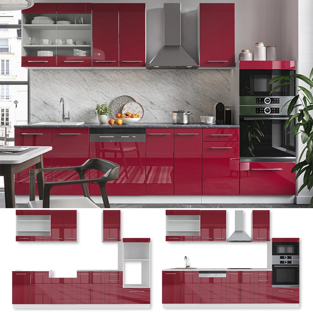 Cucina componibile Fame-Line Bordeaux lucido/Bianco 300 cm con armadio alto, PL Rovere Vicco