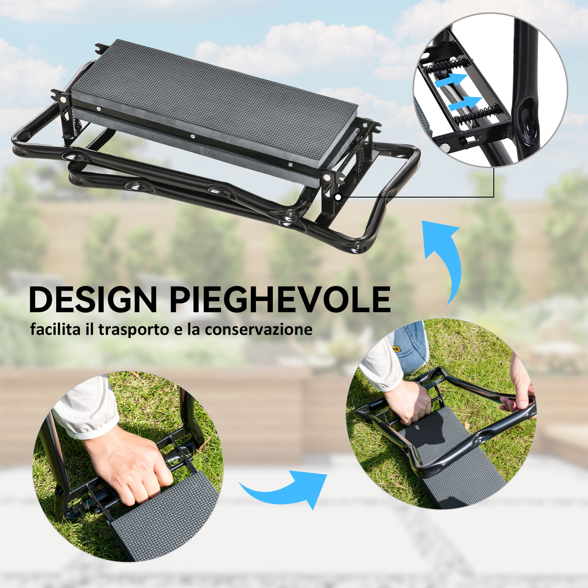 Sedia Inginocchiatoio 2 in 1 con Borsa Portaoggetti 58x28x49 cm e Cuscino in Acciaio e EVA Grigio e Nero