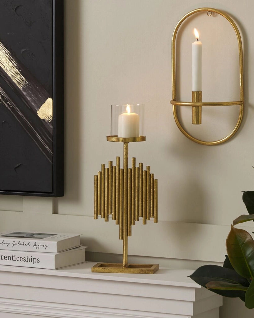Portacandele moderno in metallo e vetro color oro 47 cm Nias ideale per interno ed esterno