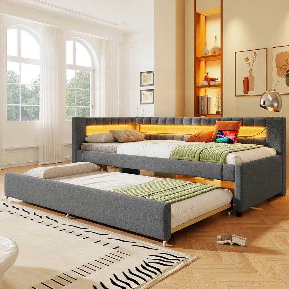 Letto giorno 90x200cm - Xylo - grigio, luce a strisce, USB-C, senza rete