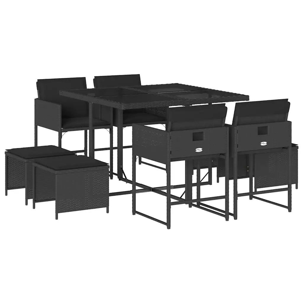 Set da Pranzo da Giardino 9 pz con Cuscini Nero in Polyrattan