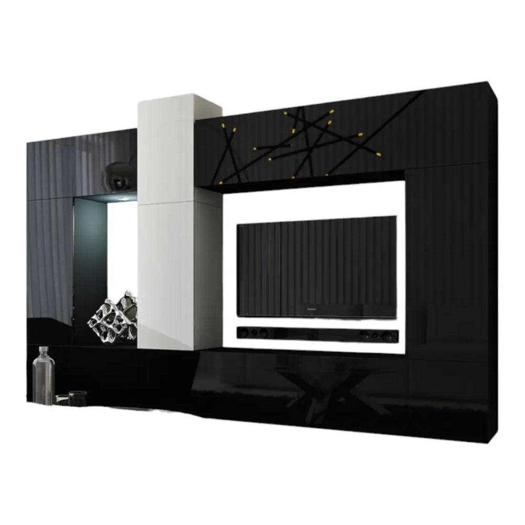 Set di mobili da soggiorno nero e bianco sospesi collezione CEPTO XXII. 273 cm, 10 pezzi, con LED, modulari.