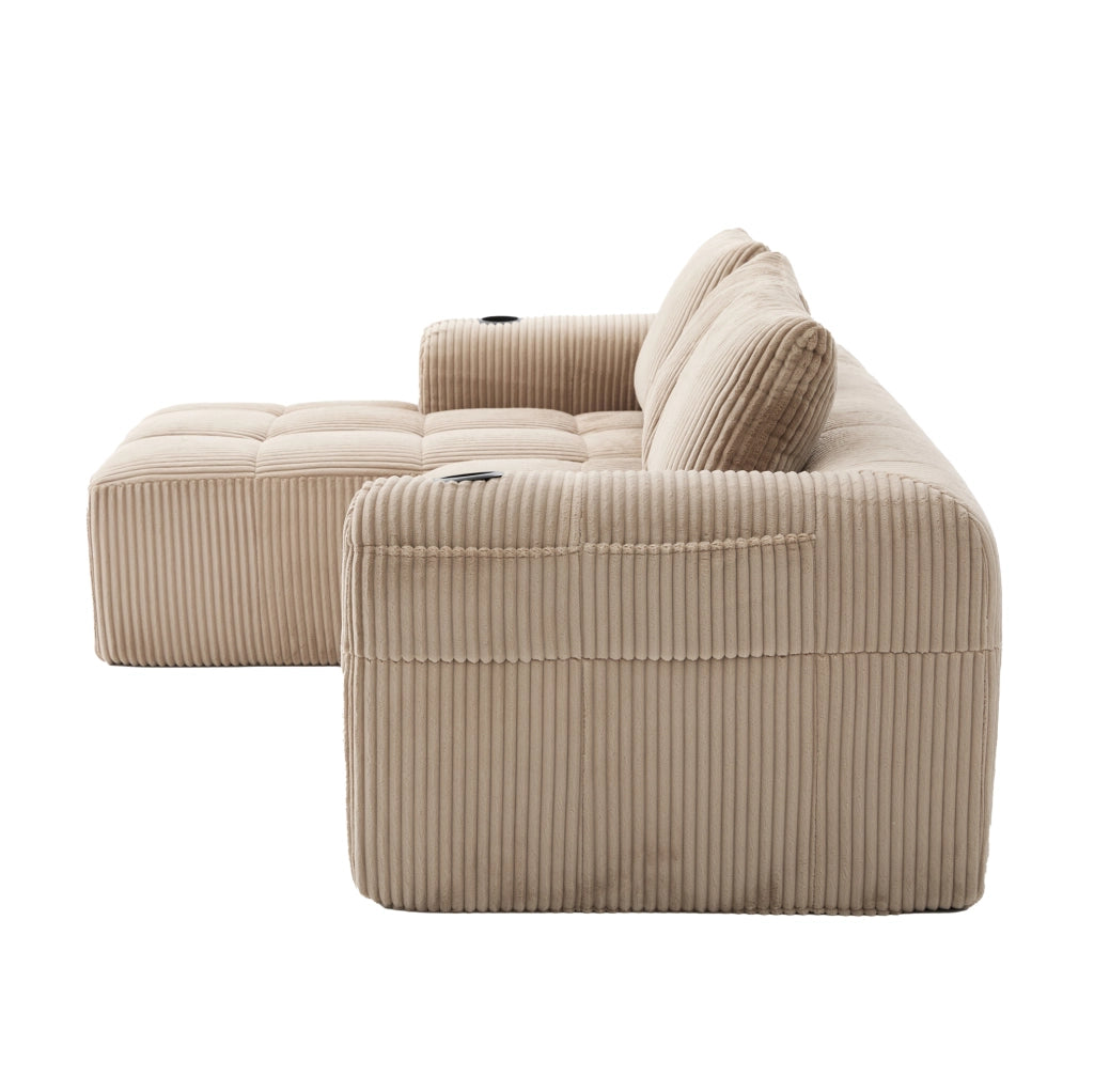 Divano compatto modulare in corduroy khaki 253x158x61 cm; con tasche laterali e portabicchieri