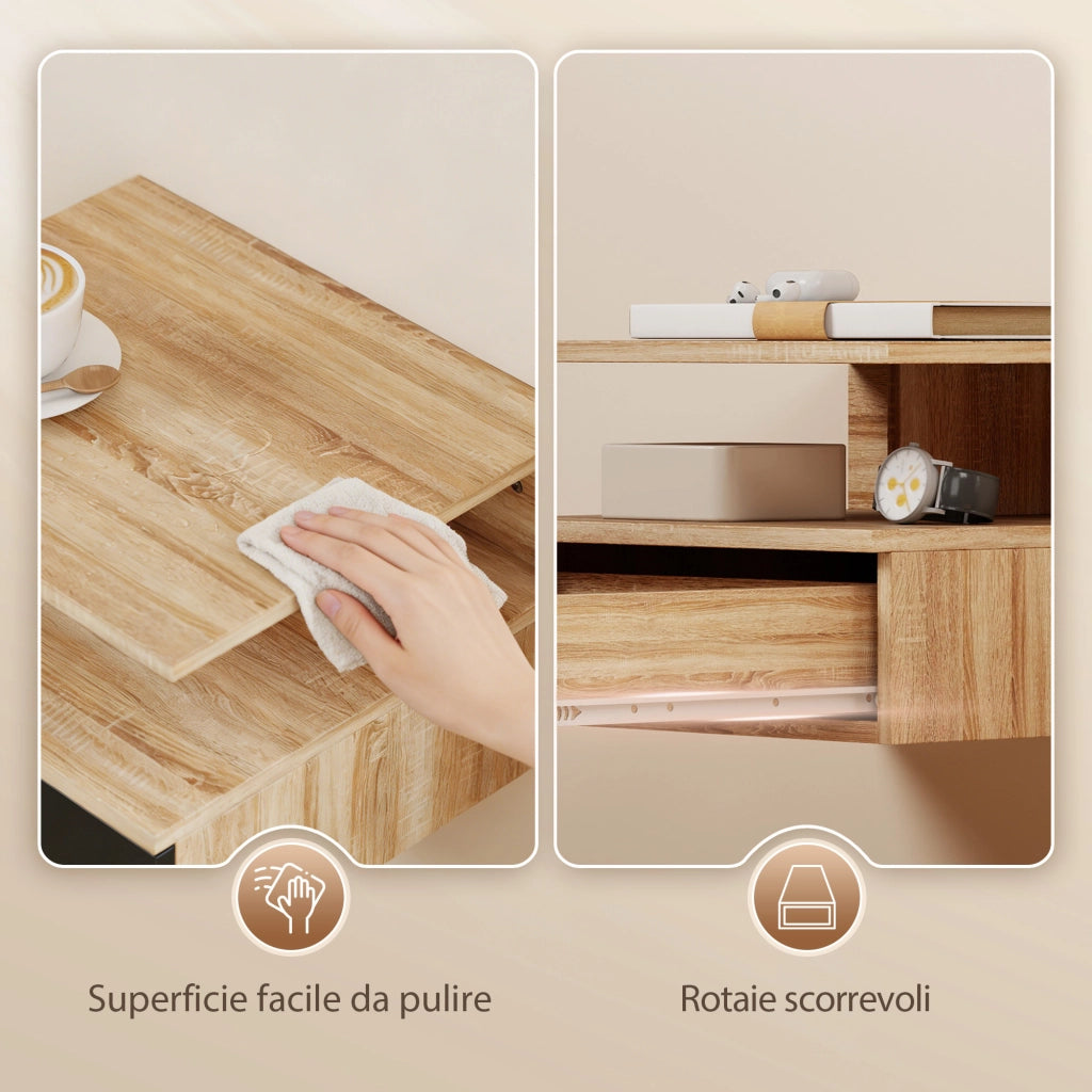 Set di 2 Comodini Sospesi con Cassetto e Mensola Aperta, 35x32x22.5 cm, Nero e Rovere