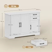 Credenza Buffet da cucina con 3 porte, 2 cassetti e ripiano regolabile, 120 x 38 x 79 cm, Bianco
