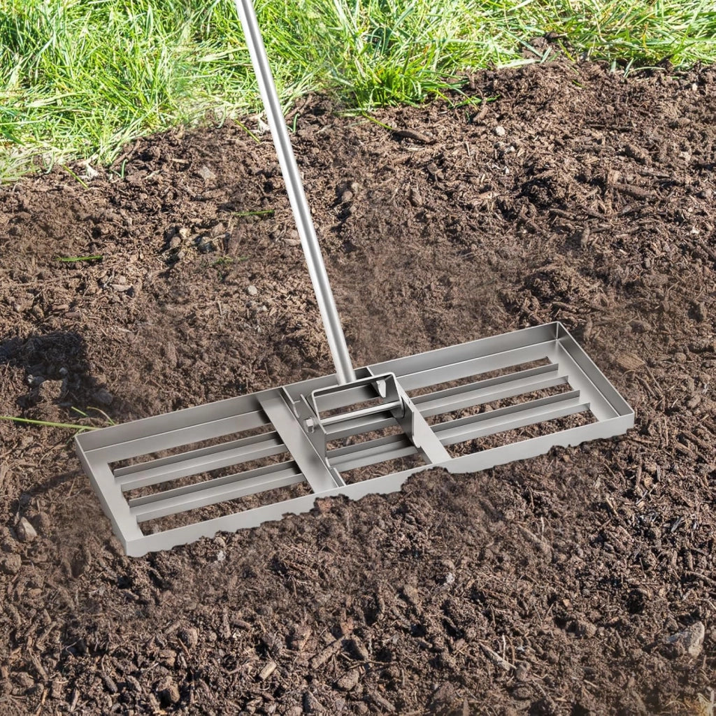 Rastrello Livellatore per Prato 170 cm, Raschietto Livellatore in Metallo Robusto con Manico Lungo e Spesso, Livellatrice per Terreno, Ghiaia, Orto ed Erbacce da Giardino (75 x 25 cm, Argento)