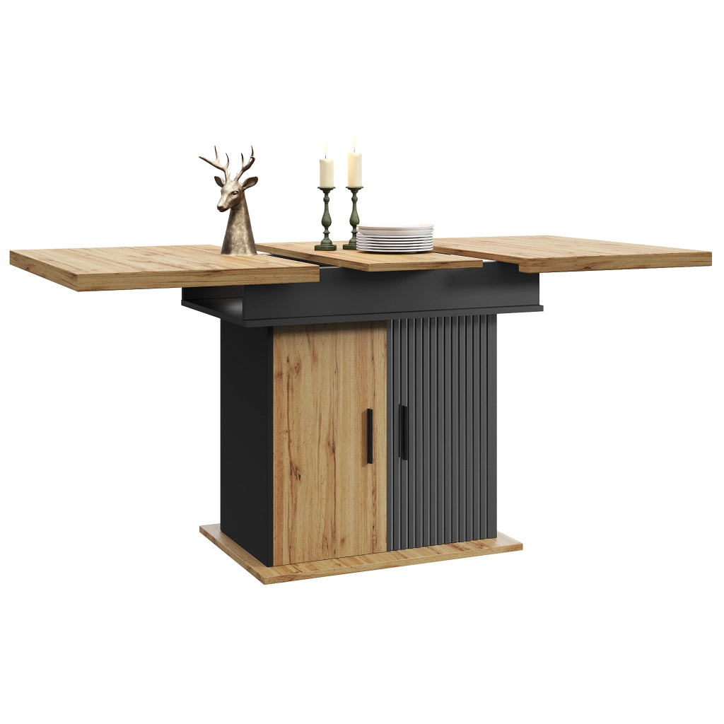 Tavolo allungabile con vano contenitore e ripiani regolabili, in MDF, nero e naturale, 110-140 × 80 × 75 cm