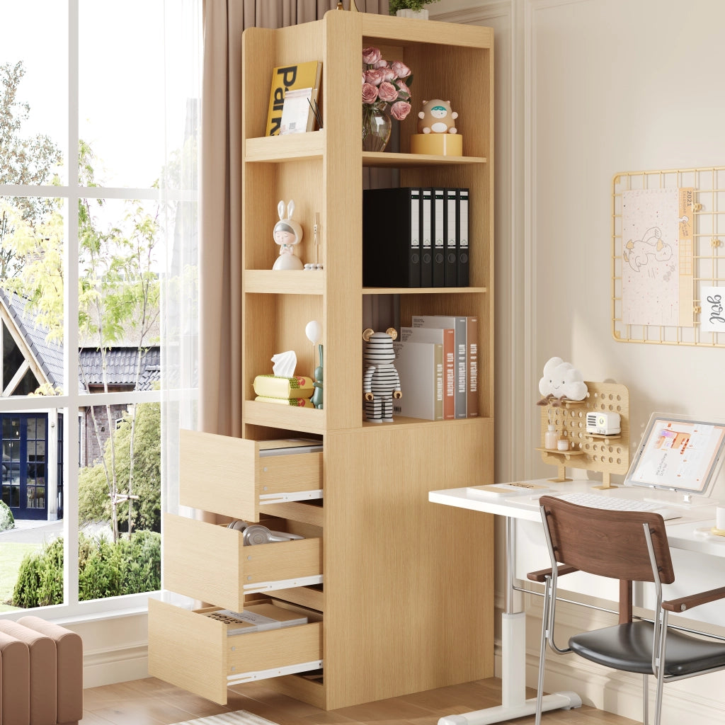Libreria stretta alta 200 cm con 3 ripiani aperti e 3 cassetti, reversibile, con protezione anti-ribaltamento, 60×40×200 cm