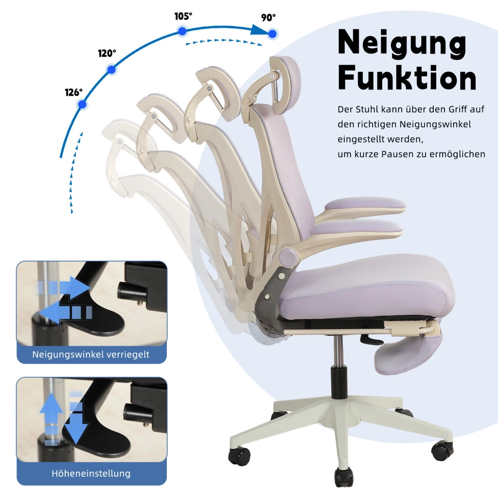 Sedia da ufficio ergonomica pieghevole con supporto lombare e poggiatesta regolabile in schiuma viola per lavoro