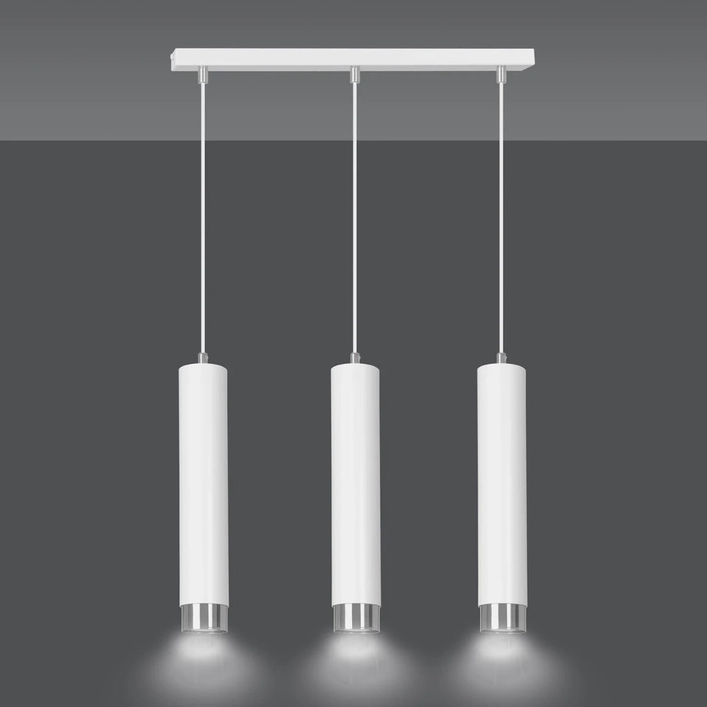 Lampadario 3 Luci Brunilde In Acciaio Bianco E Tubolari In Bianco E Cromo