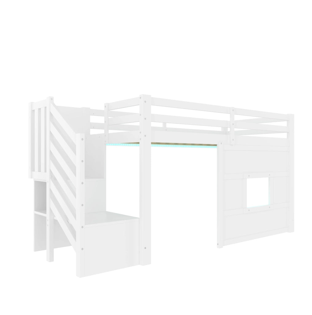 Letto a soppalco 90x200 cm con scala contenitore; finestra e LED in MDF; pino; compensato bianco