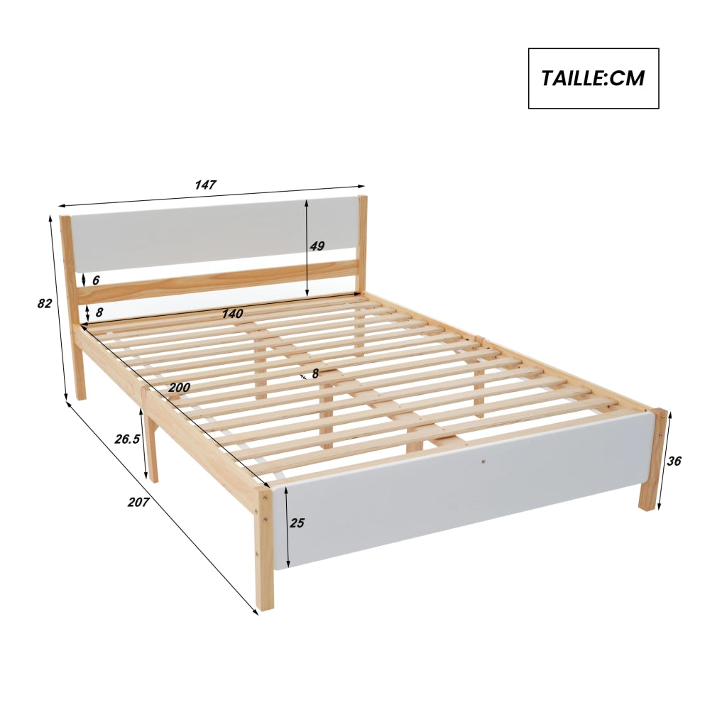 Letto Matrimoniale 140×200 cm con Testiera e Pediera; senza Materasso; in Legno Massello e MDF; Bianco Naturale