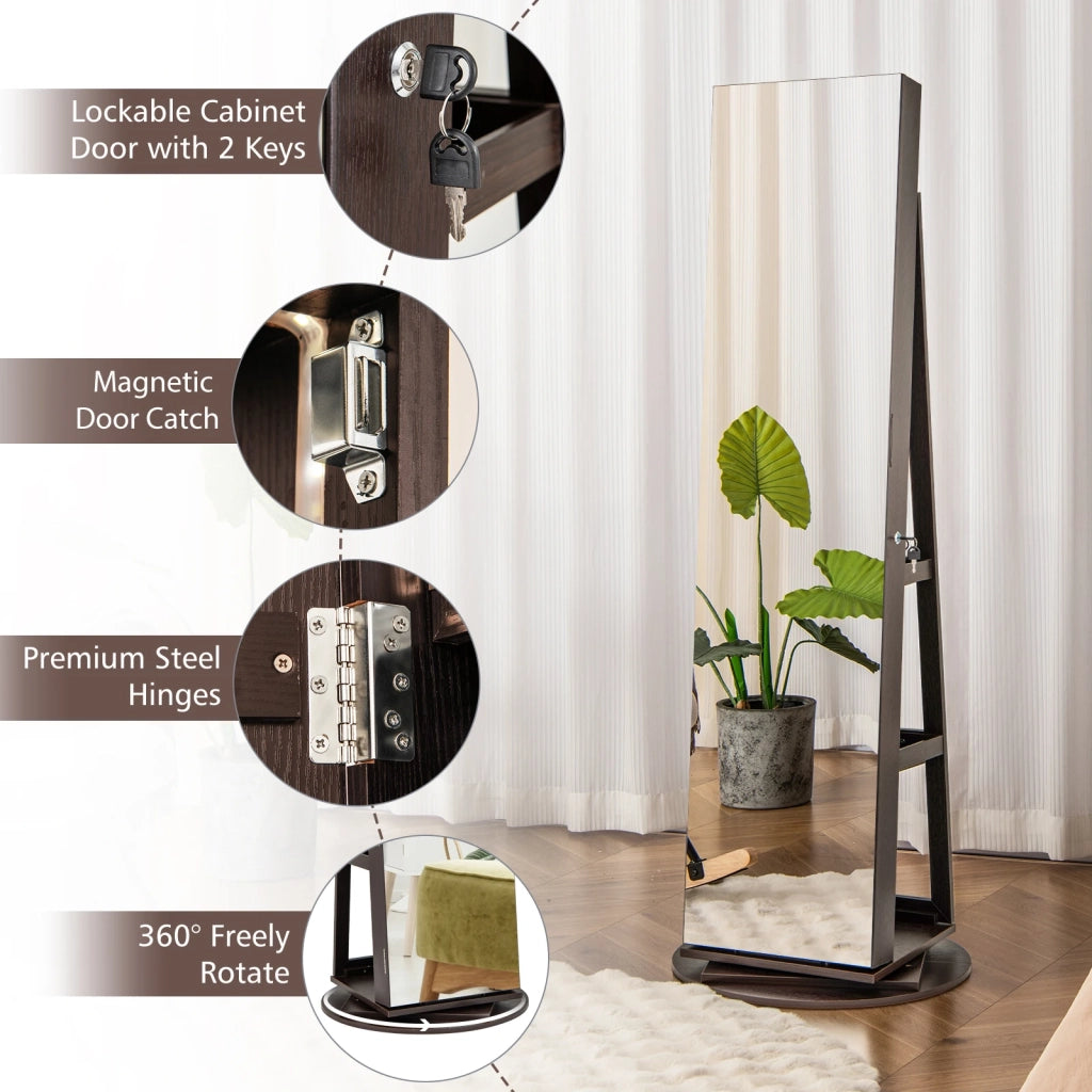 360° Rotating Mirrored Jewelry Cabinet Armoire 3 Color LED Modes Lockable-Espresso