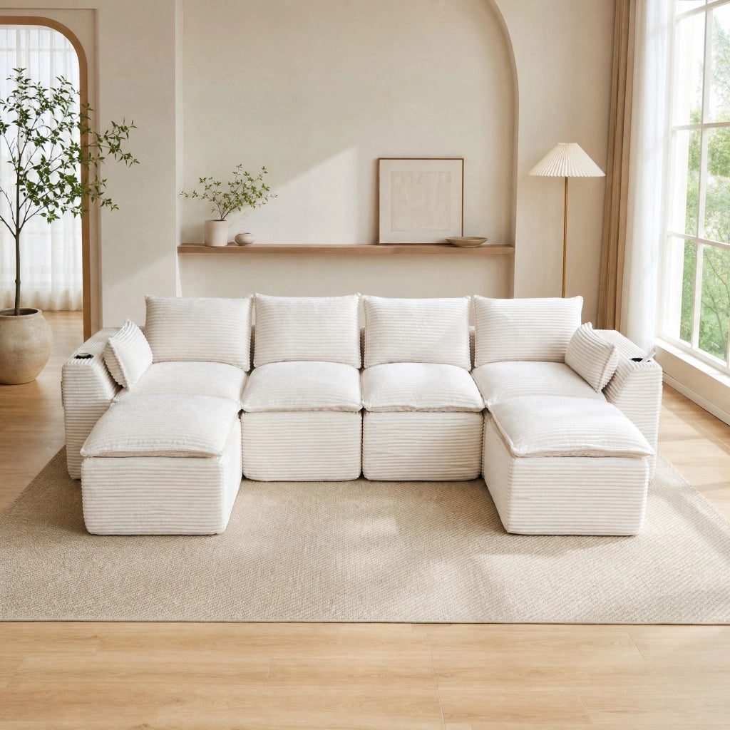 Divano modulare a 4 posti in tessuto a coste beige con tasche laterali e cuscini 75 × 322 × 161 cm