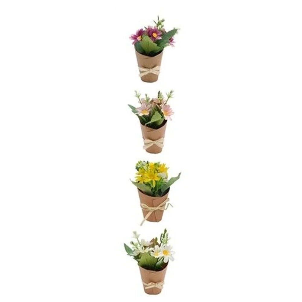 Trade Shop - Set 12 Pz Bouquet Di Fiori Finti Piantina Margherite 4 Colori Con Cartoncino Fiocco 656839 -