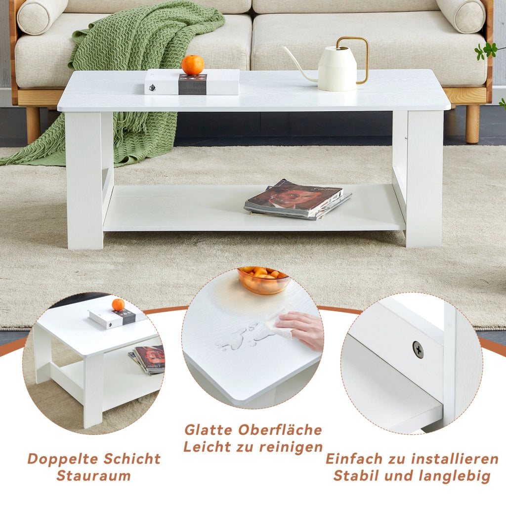 Tavolino da caffè a 2 livelli in MDF bianco 110×55×42 cm