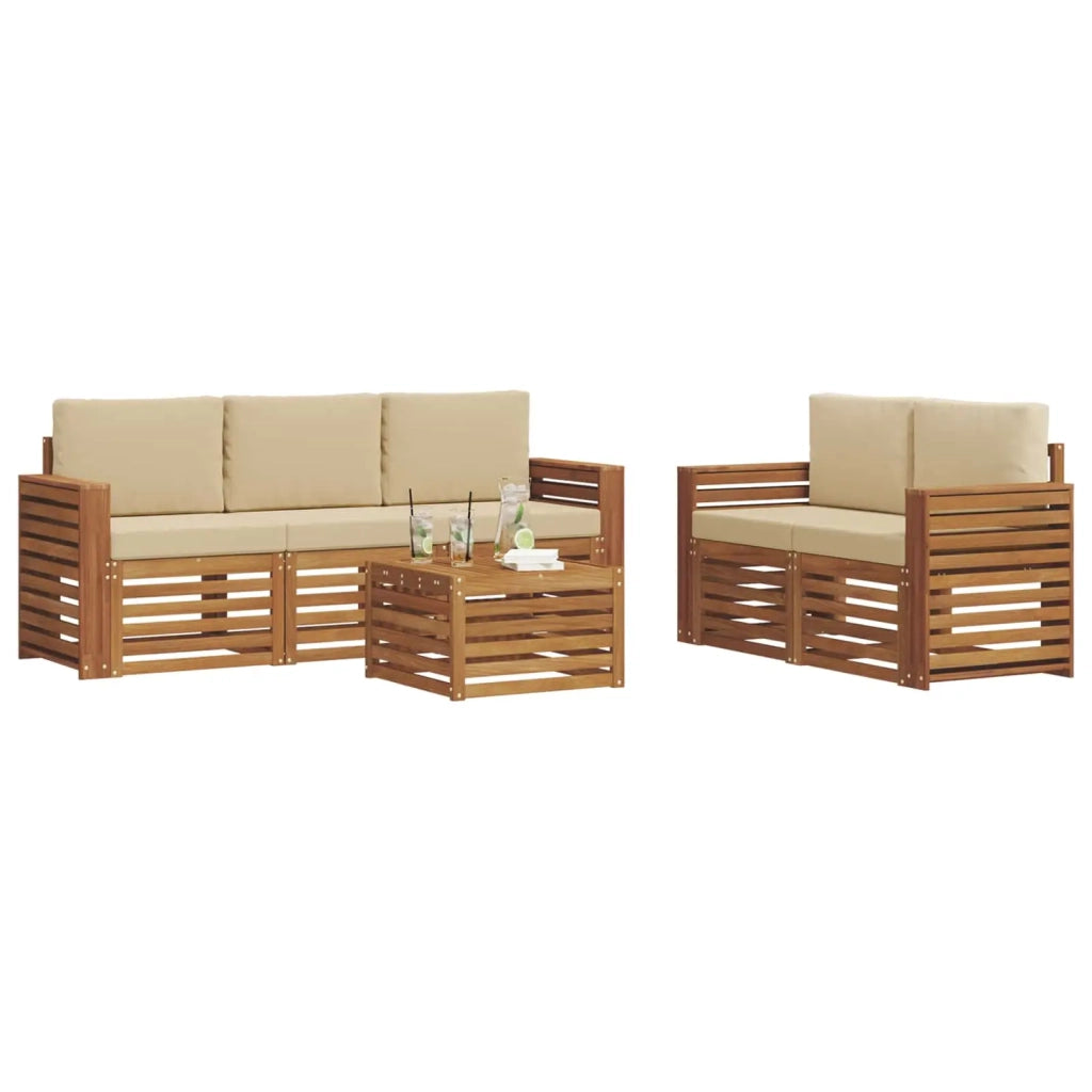 Set divani 6 pcs Naturale e Beige Legno di Acacia Massello