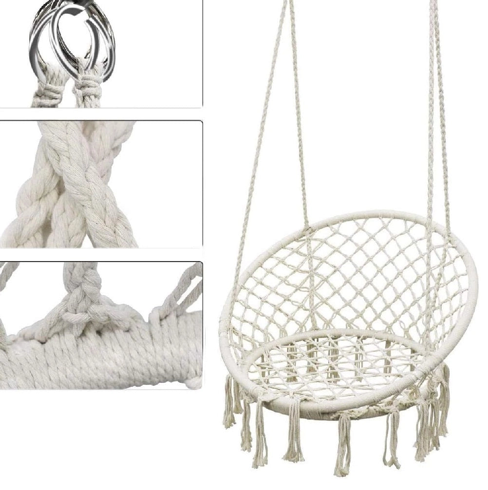 Poltrona Sospesa Amaca Dondolo Intrecciata in Tessuto Beige uso Interni Esterni