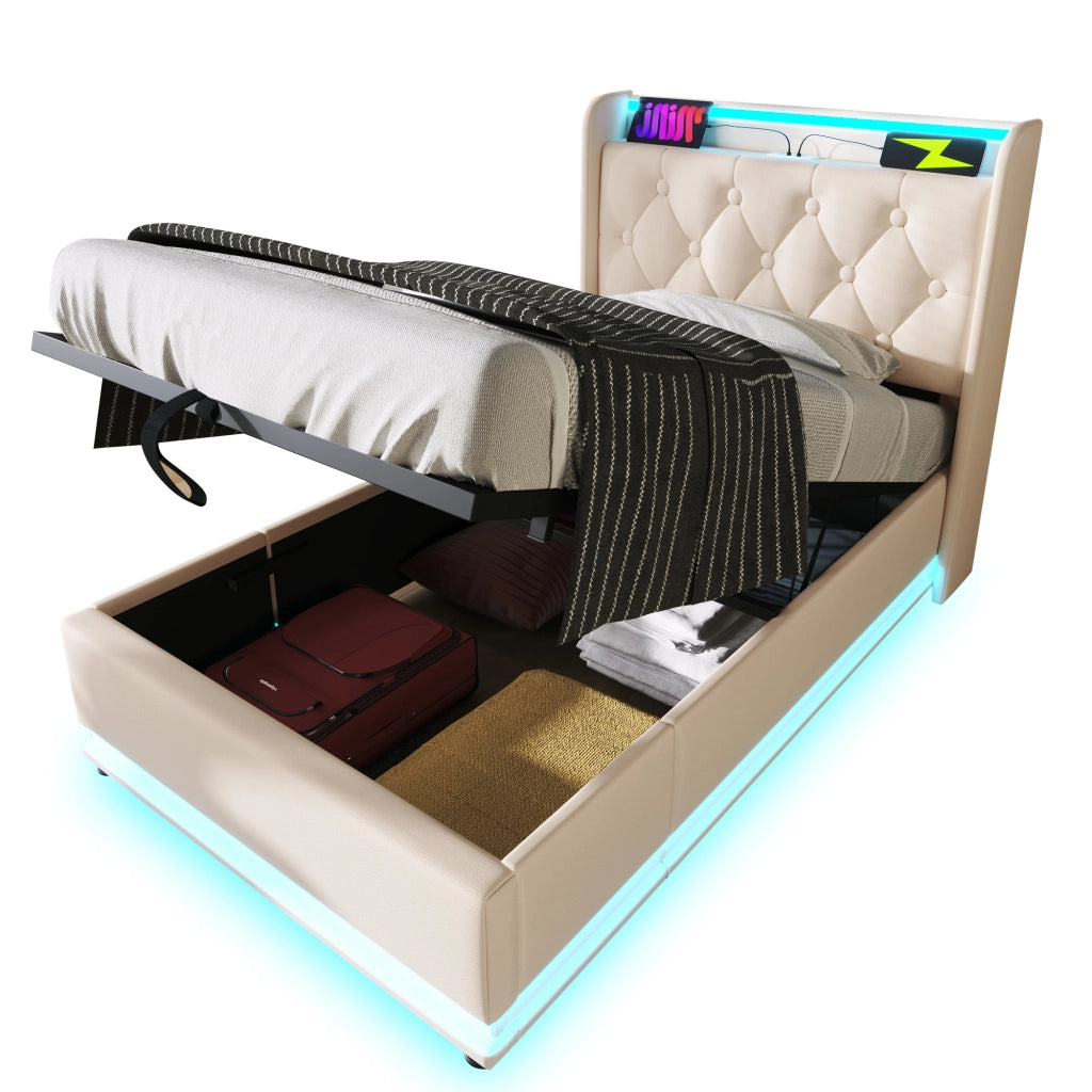 Letti contenitori 90x200 cm LED 360°; USB Tipo-C; PU bianco (Senza materasso)