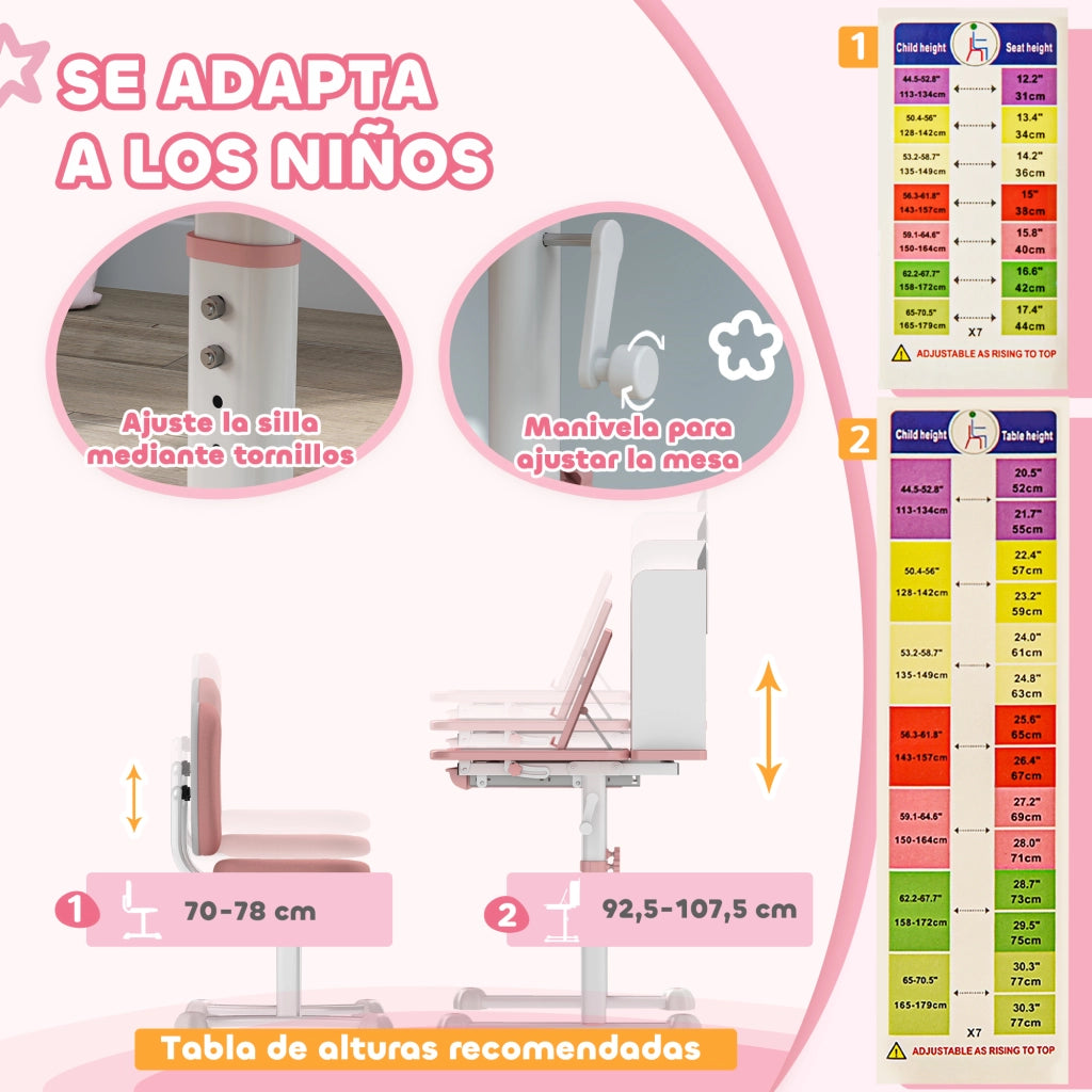 Scrivania Bambini con Sedia Regolabile ¨C zephmum ¨C Rosa 80x55x107,5 cm