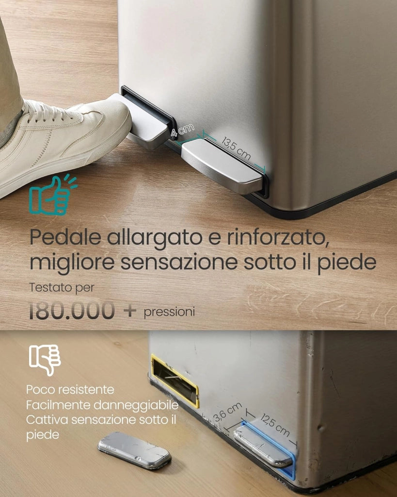 SONGMICS Pattumiera Cucina 2 x 15 L, Cestino per Raccolta Differenziata 2 Scomparti, 15 Sacchetti, Secchi Rimovibili, Coperchio, Maniglie, Chiusura Morbida, Acciaio Inox, Argento LTB130EZ01