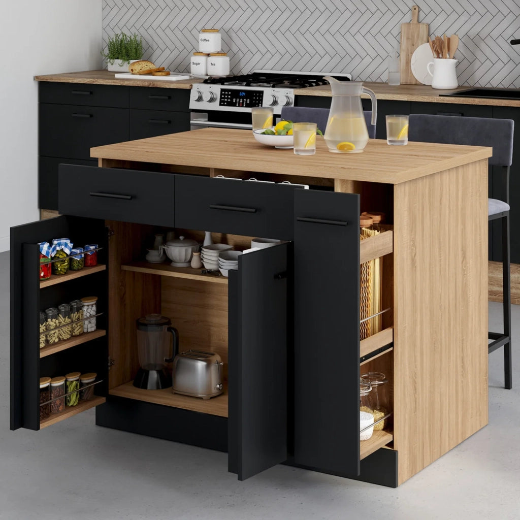 IDMarket - Isola centrale ALTO con ante, contenitori, cassetti, cassettoni e piano di lavoro in faggio ed effetto nero
