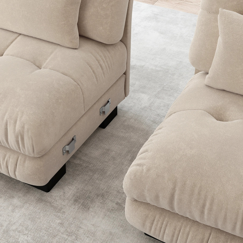 Divano angolare modulare a 4 posti in chenille color caffè chiaro con pouf mobile e seduta profonda