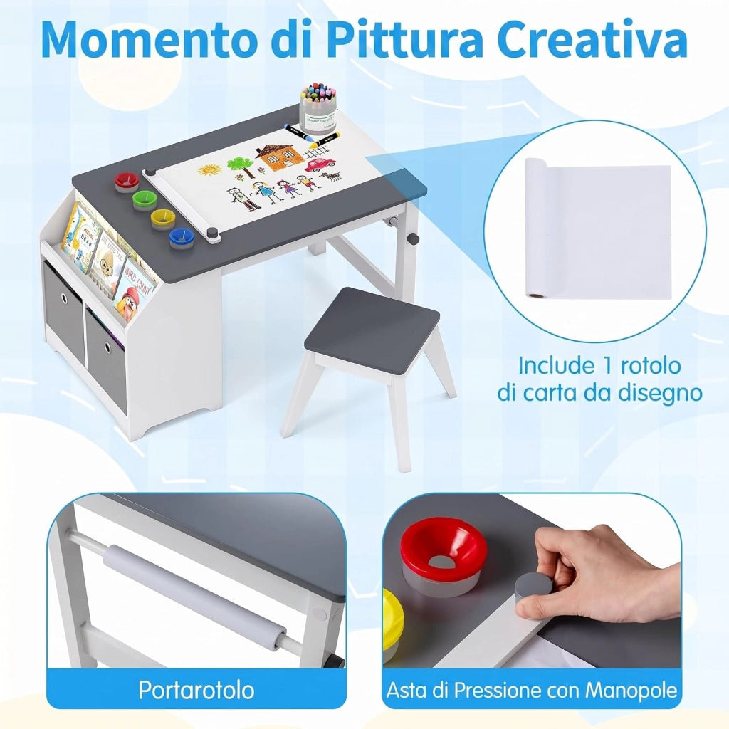Set Tavolo e Sedia per Bambini 3+ Anni con Rotolo di Carta | Tavolo da Disegno con Sgabello, 4 Vaschette, 3 Scomparti e 2 Cassetti in Tessuto per Cameretta e Sala Giochi