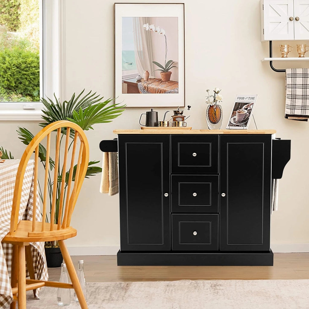 Carrello da Cucina in Legno di Quercia con 2 Armadi e 3 Cassetti, Credenza con 5 Rotelle e Cerniere in Metallo, Isola da Cucina per Soggiorno e Sala da Pranzo (Nero)
