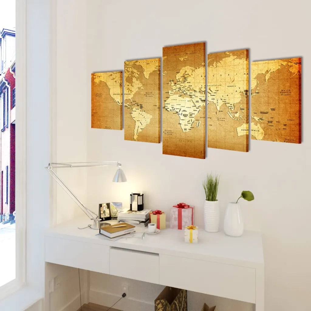 vidaXL Set Stampa su Tela da Muro 5 pz Mappa del Mondo 100 x 50 cm