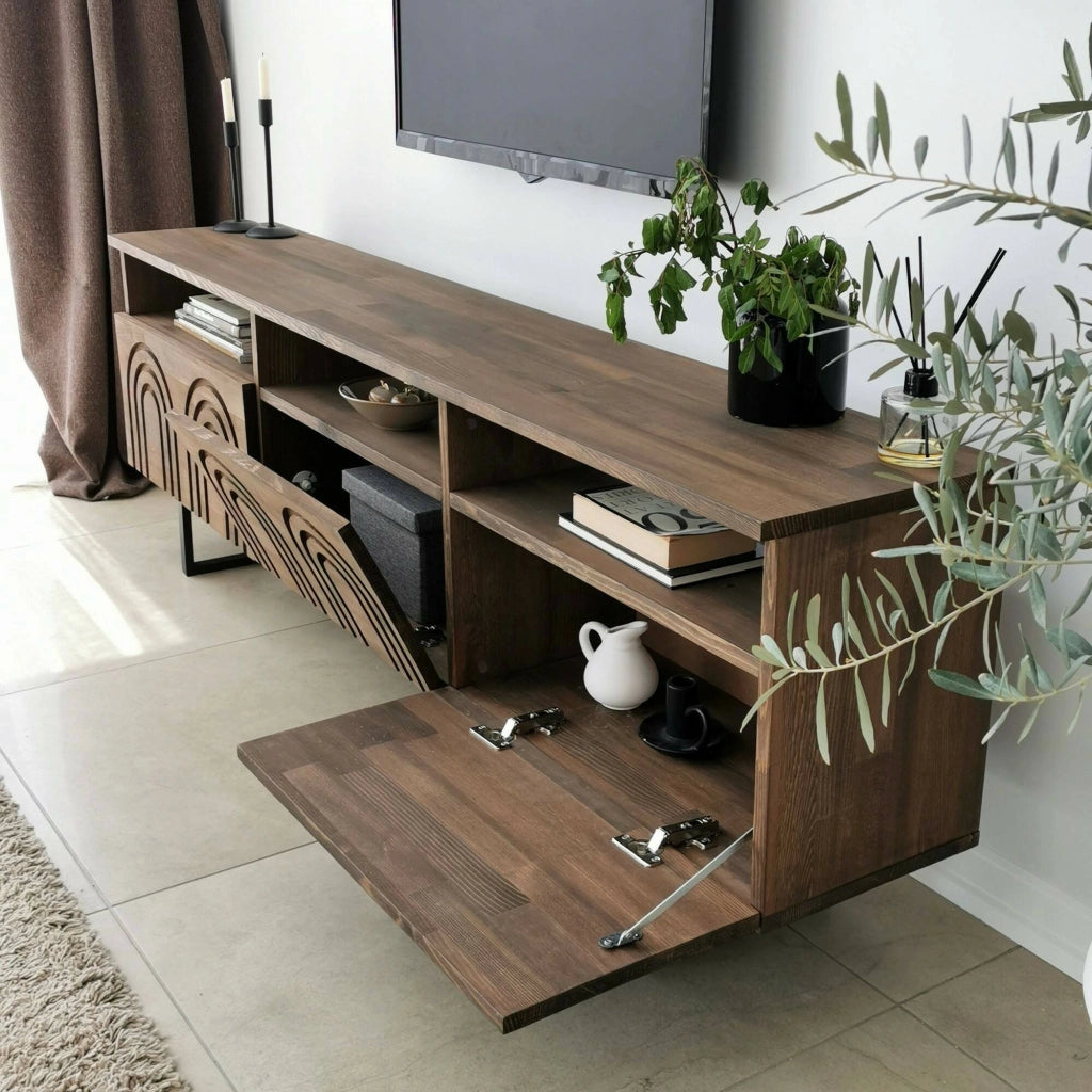 Mobile porta TV Barbania, Credenza da soggiorno, Armadio basso per TV, Base parete attrezzata, 170x30h40 cm, Noce