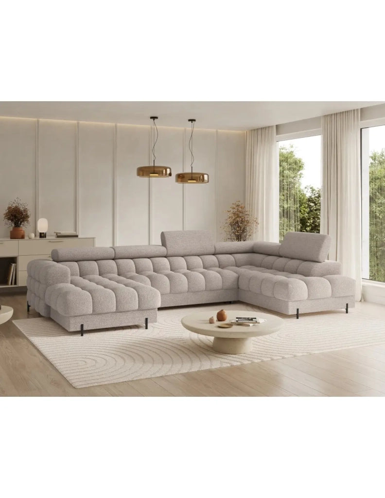 Divano panoramico convertibile Beige chiaro angolo destro FERARIA 358x93x202cm