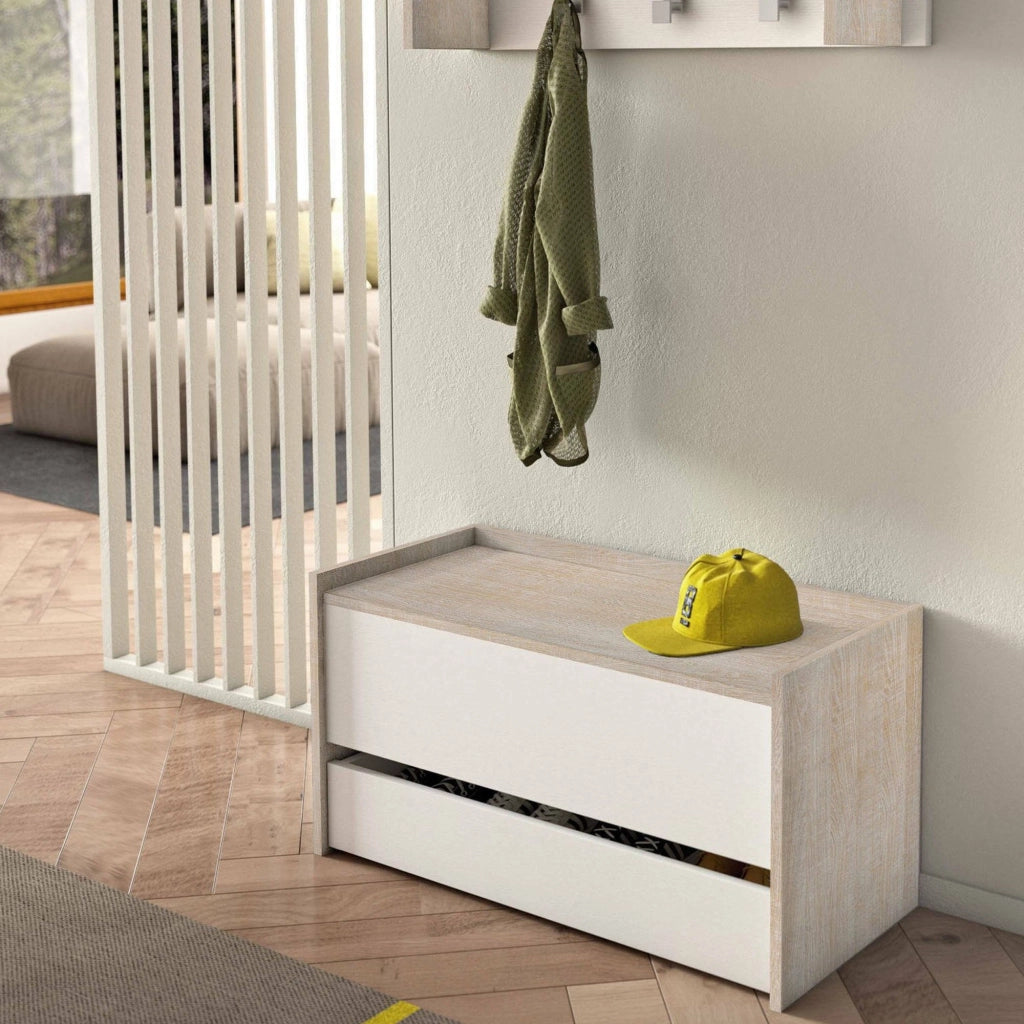 Cassapanca Sogno, Mobile da ingresso moderno con scarpiera, Cassapanca baule con due contenitori, Made in Italy, Cm 90x40h46, Bianco e Rovere