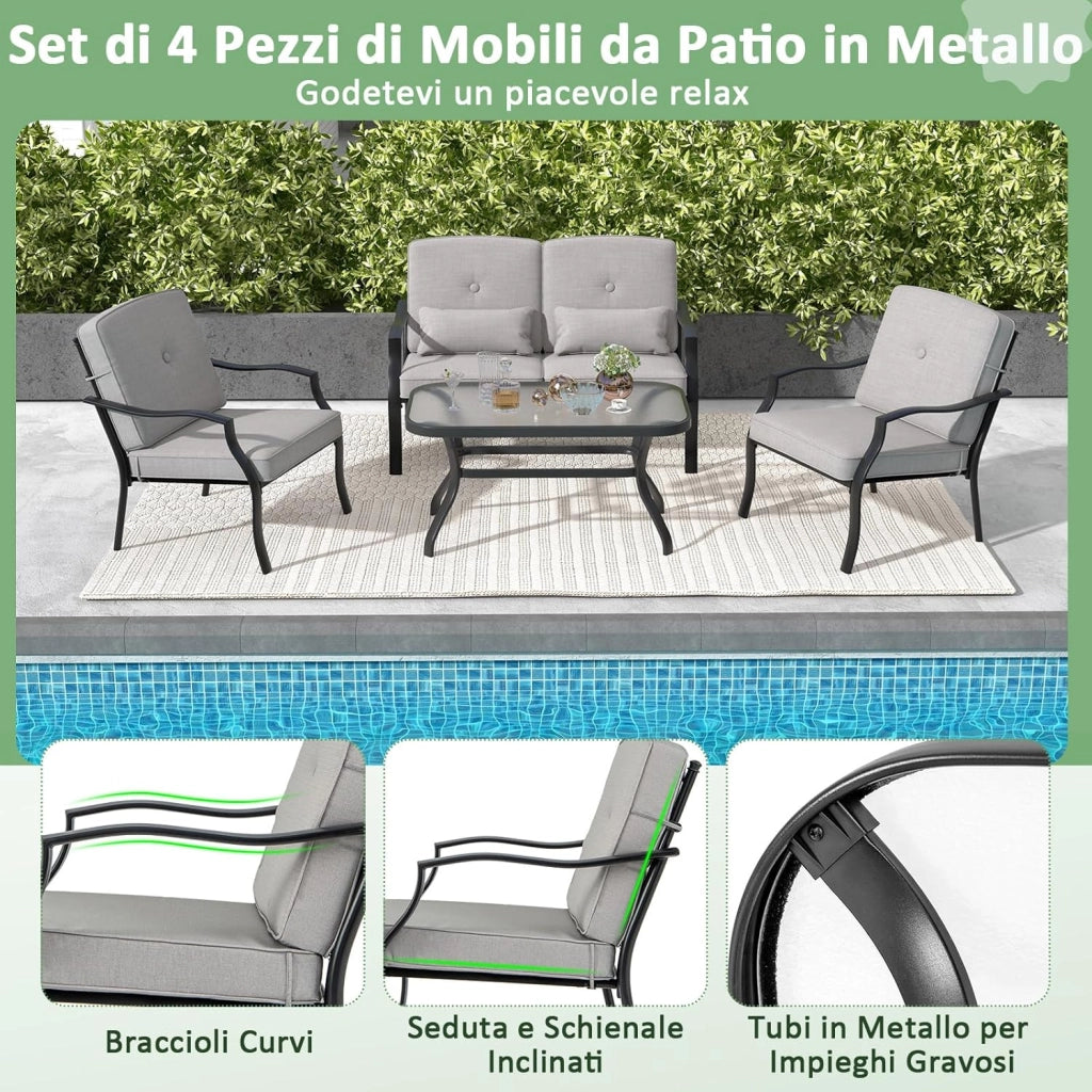 4 Pezzi Set di Mobili da Giardino, con Cuscini e Tavolino in Vetro Temperato, Struttura in MetalloSet di Divani da Esterno per Giardino Cortile e Piscina (Grigio)